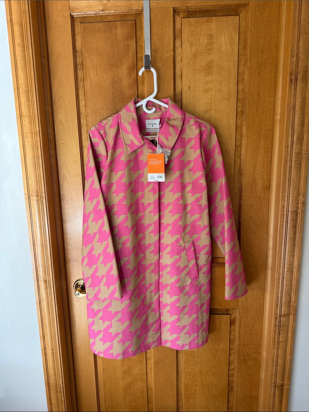 Isaac Mizrahi Pink and Tan Houndstooth Trench Coat
